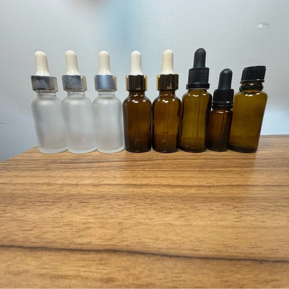 Set of 8 Empty Amber and Frosted Glass Dropper Bottles, [Various Sizes]